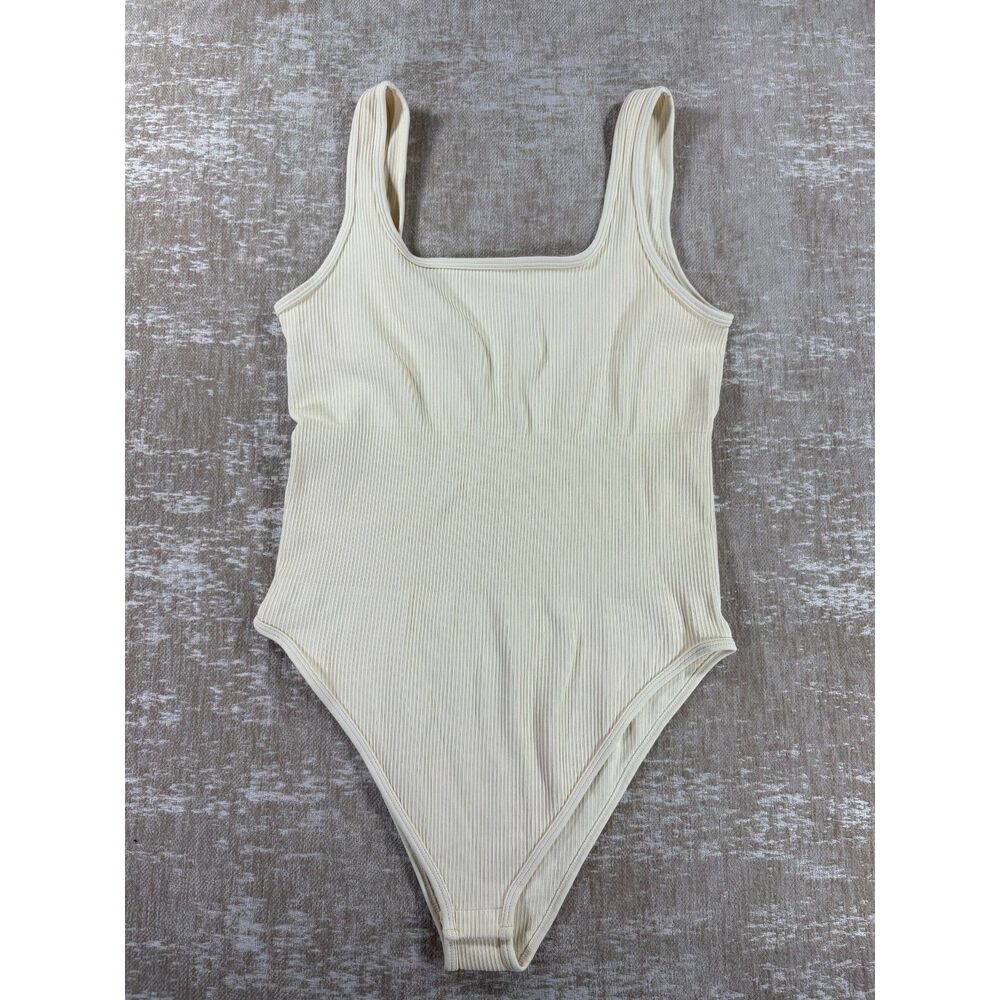 OQQ Ribbed Square Neck Bodysuit Cream Ivory Size L